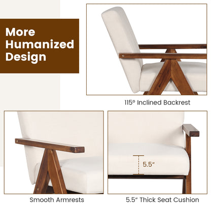 Acacia Wood Accent Chair with Padded Cushion and Linen Cover Beige