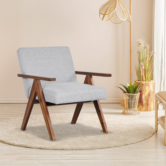 Acacia Wood Accent Chair with Padded Cushion and Linen Cover Grey
