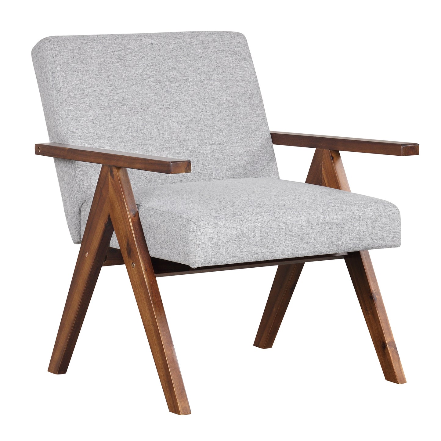 Acacia Wood Accent Chair with Padded Cushion and Linen Cover Grey