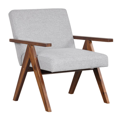 Acacia Wood Accent Chair with Padded Cushion and Linen Cover Grey