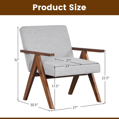 Acacia Wood Accent Chair with Padded Cushion and Linen Cover Grey