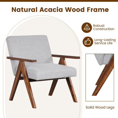 Acacia Wood Accent Chair with Padded Cushion and Linen Cover Grey