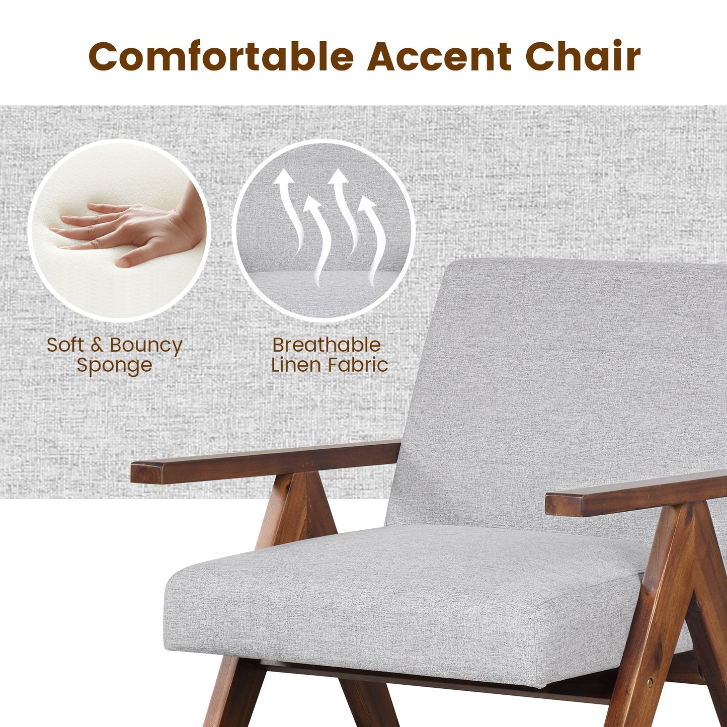Acacia Wood Accent Chair with Padded Cushion and Linen Cover Grey