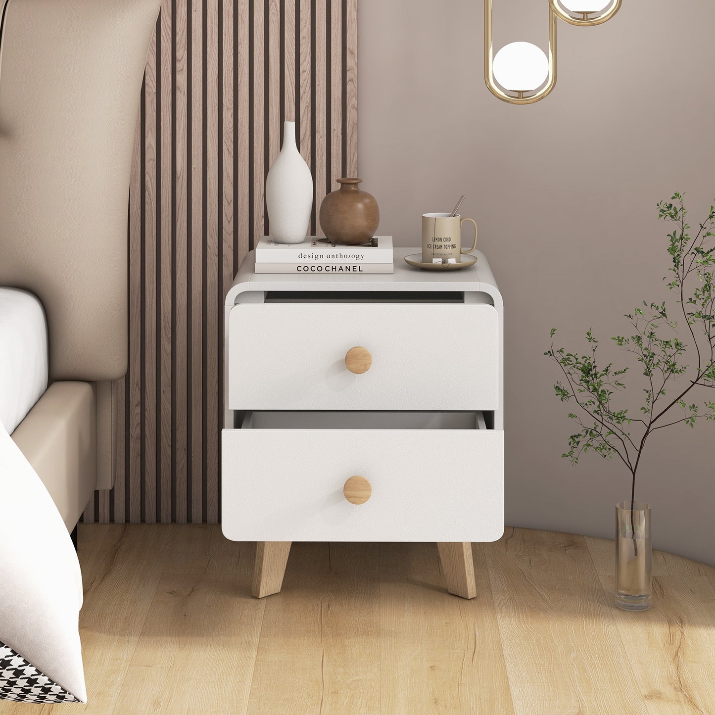 Two Drawer Nightstand with Solid Rubber Wood Legs White