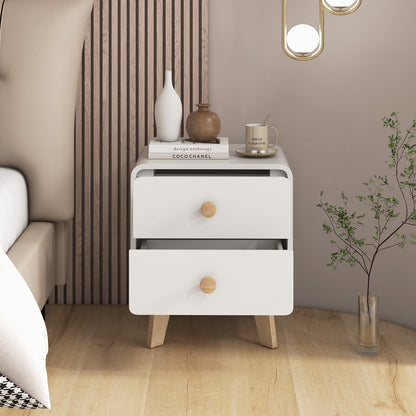 Two Drawer Nightstand with Solid Rubber Wood Legs White