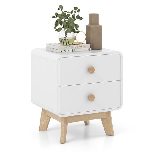Two Drawer Nightstand with Solid Rubber Wood Legs White