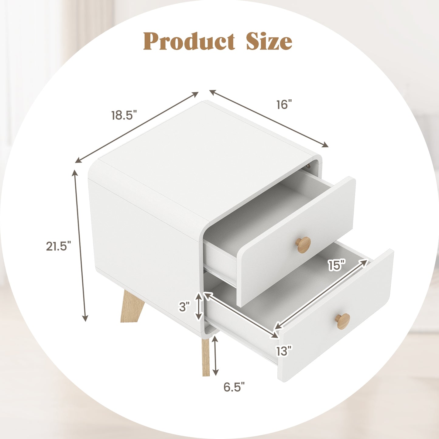 Two Drawer Nightstand with Solid Rubber Wood Legs White