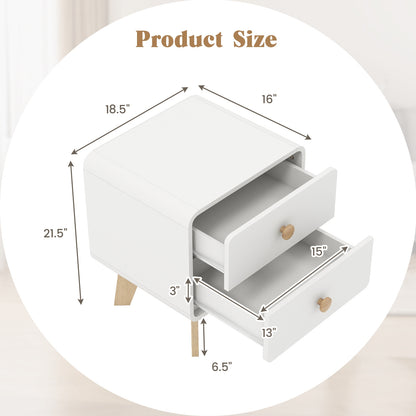 Two Drawer Nightstand with Solid Rubber Wood Legs White