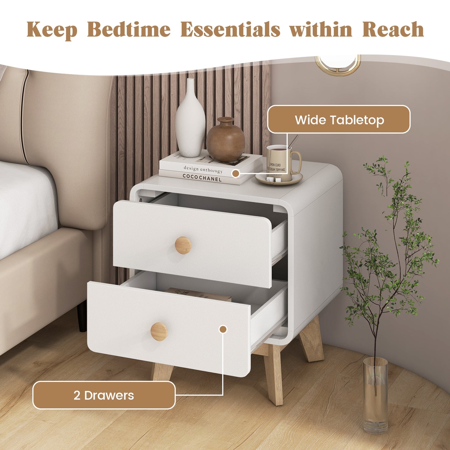 Two Drawer Nightstand with Solid Rubber Wood Legs White