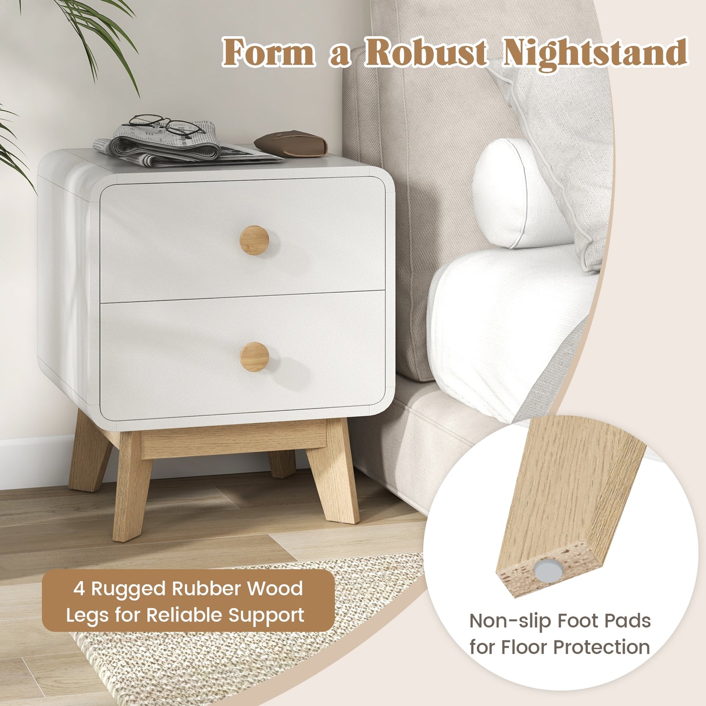 Two Drawer Nightstand with Solid Rubber Wood Legs White