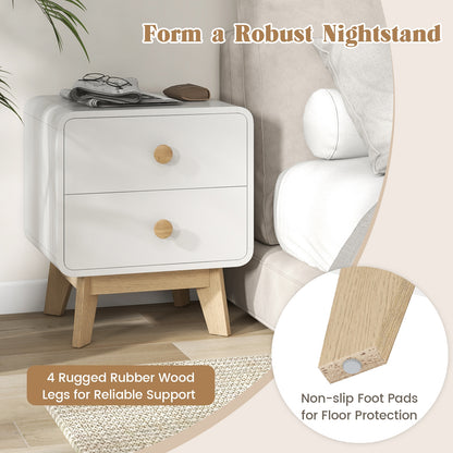 Two Drawer Nightstand with Solid Rubber Wood Legs White