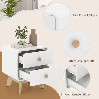 Two Drawer Nightstand with Solid Rubber Wood Legs White