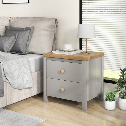 Farmhouse 2-Drawer Nightstand with Solid Rubber Wood Legs Grey