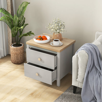 Farmhouse 2-Drawer Nightstand with Solid Rubber Wood Legs Grey
