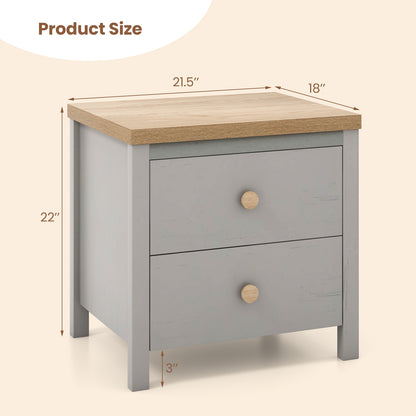 Farmhouse 2-Drawer Nightstand with Solid Rubber Wood Legs Grey