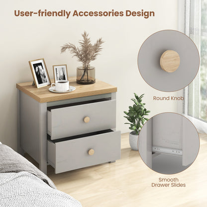Farmhouse 2-Drawer Nightstand with Solid Rubber Wood Legs Grey