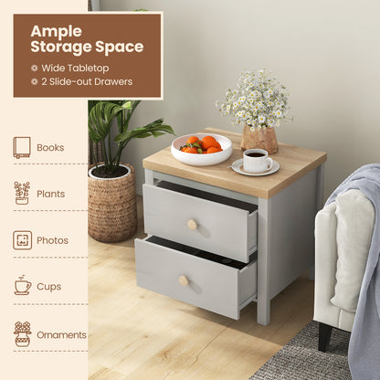 Farmhouse 2-Drawer Nightstand with Solid Rubber Wood Legs Grey