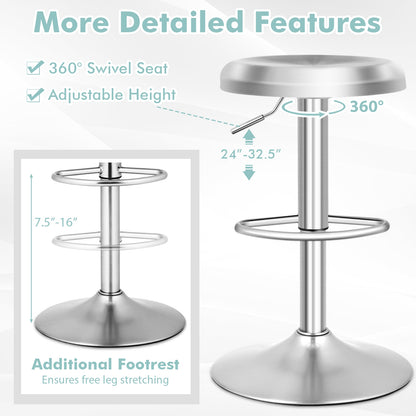 Modern Adjustable Swivel Bar Stool with Footrest and Stainless Steel Seat, Set of 2