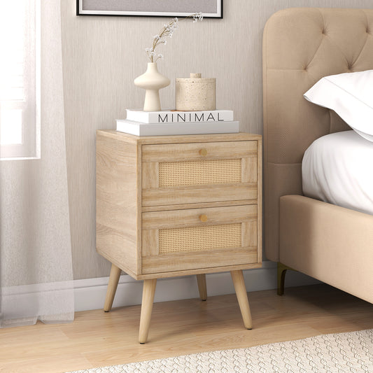 Boho Rattan Nightstand with 2 Drawers and Wood Legs Bedside Table