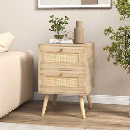Boho Rattan Nightstand with 2 Drawers and Wood Legs Bedside Table