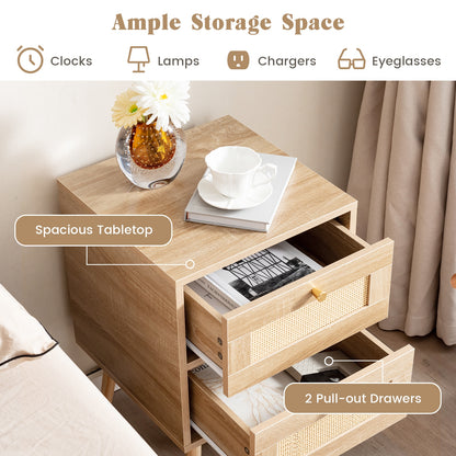 Boho Rattan Nightstand with 2 Drawers and Wood Legs Bedside Table