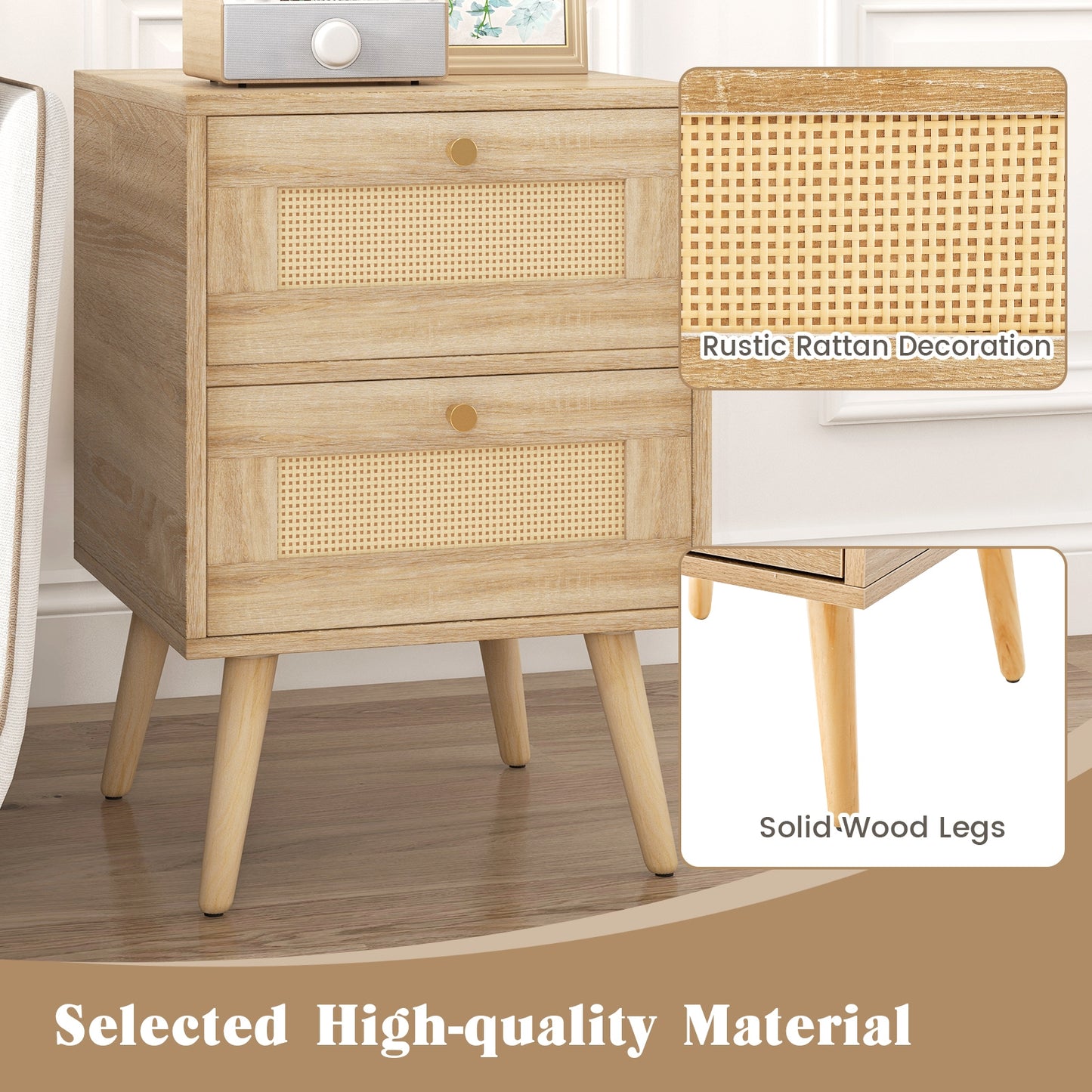 Boho Rattan Nightstand with 2 Drawers and Wood Legs Bedside Table