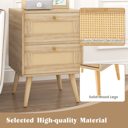 Boho Rattan Nightstand with 2 Drawers and Wood Legs Bedside Table