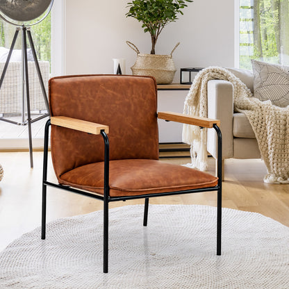 Contemporary PU Leather Armchair with Wooden Armrests in Brown