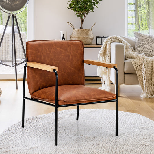Contemporary PU Leather Armchair with Wooden Armrests in Brown