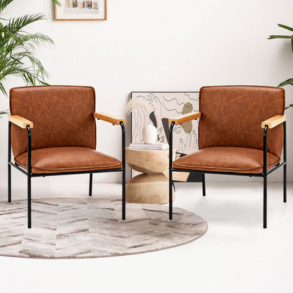 Contemporary PU Leather Armchair with Wooden Armrests in Brown