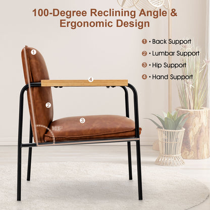 Contemporary PU Leather Armchair with Wooden Armrests in Brown