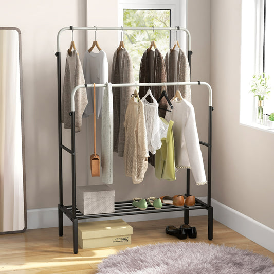 Adjustable Double Rod Garment Rack with Shoe Storage and Side Rails