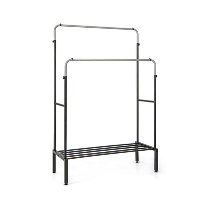 Adjustable Double Rod Garment Rack with Shoe Storage and Side Rails