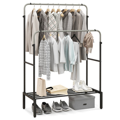 Adjustable Double Rod Garment Rack with Shoe Storage and Side Rails