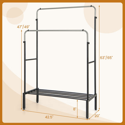 Adjustable Double Rod Garment Rack with Shoe Storage and Side Rails