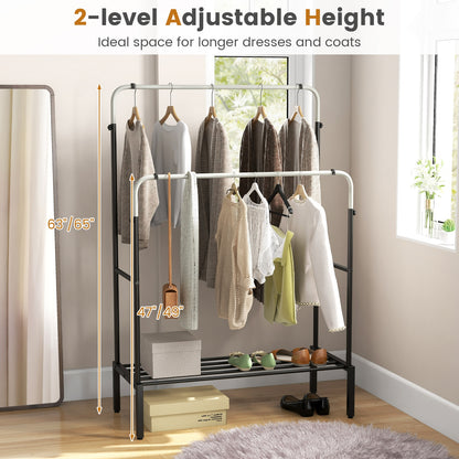 Adjustable Double Rod Garment Rack with Shoe Storage and Side Rails