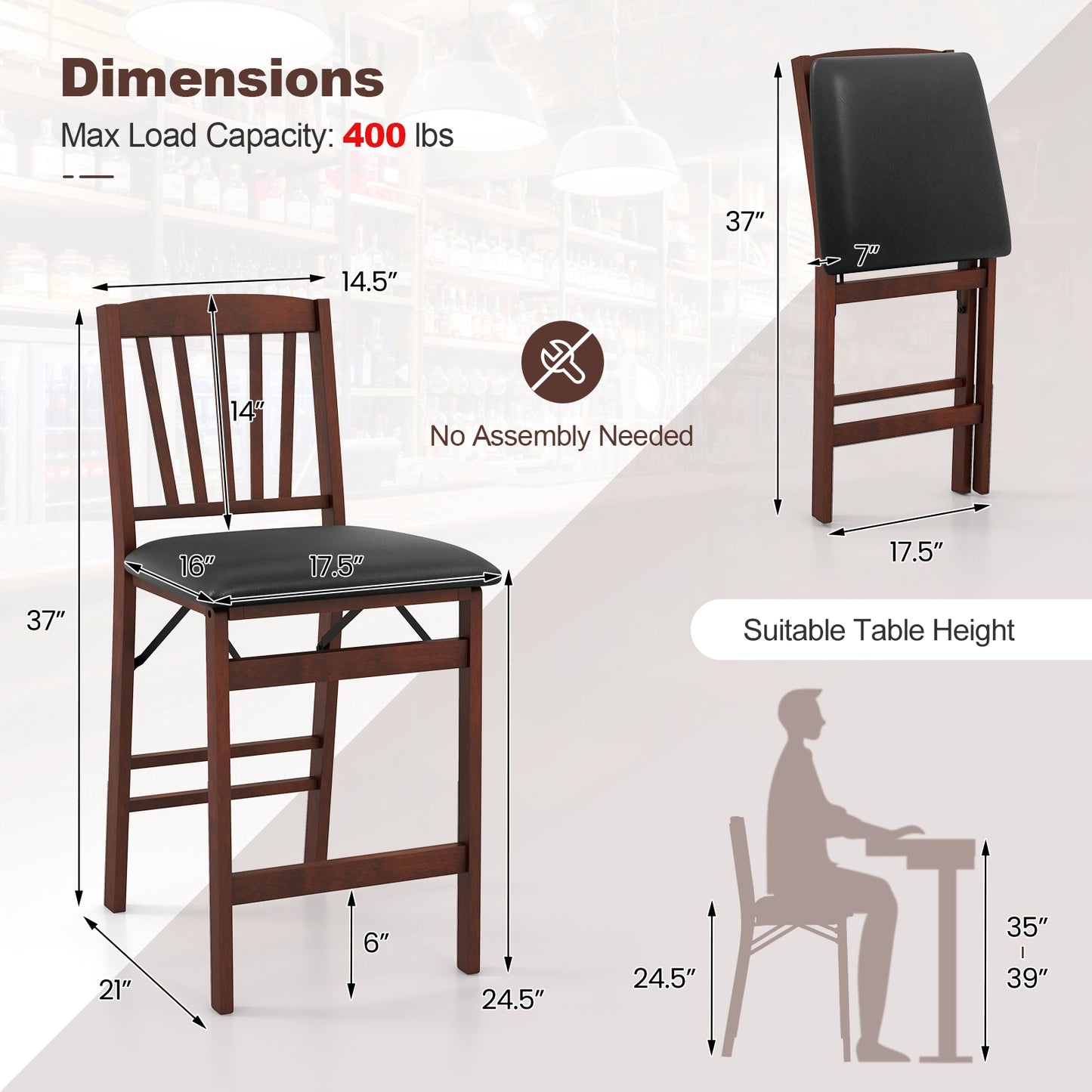 Counter Height Folding Kitchen Island Chairs Set of 2 with Padded Seats and Backrest