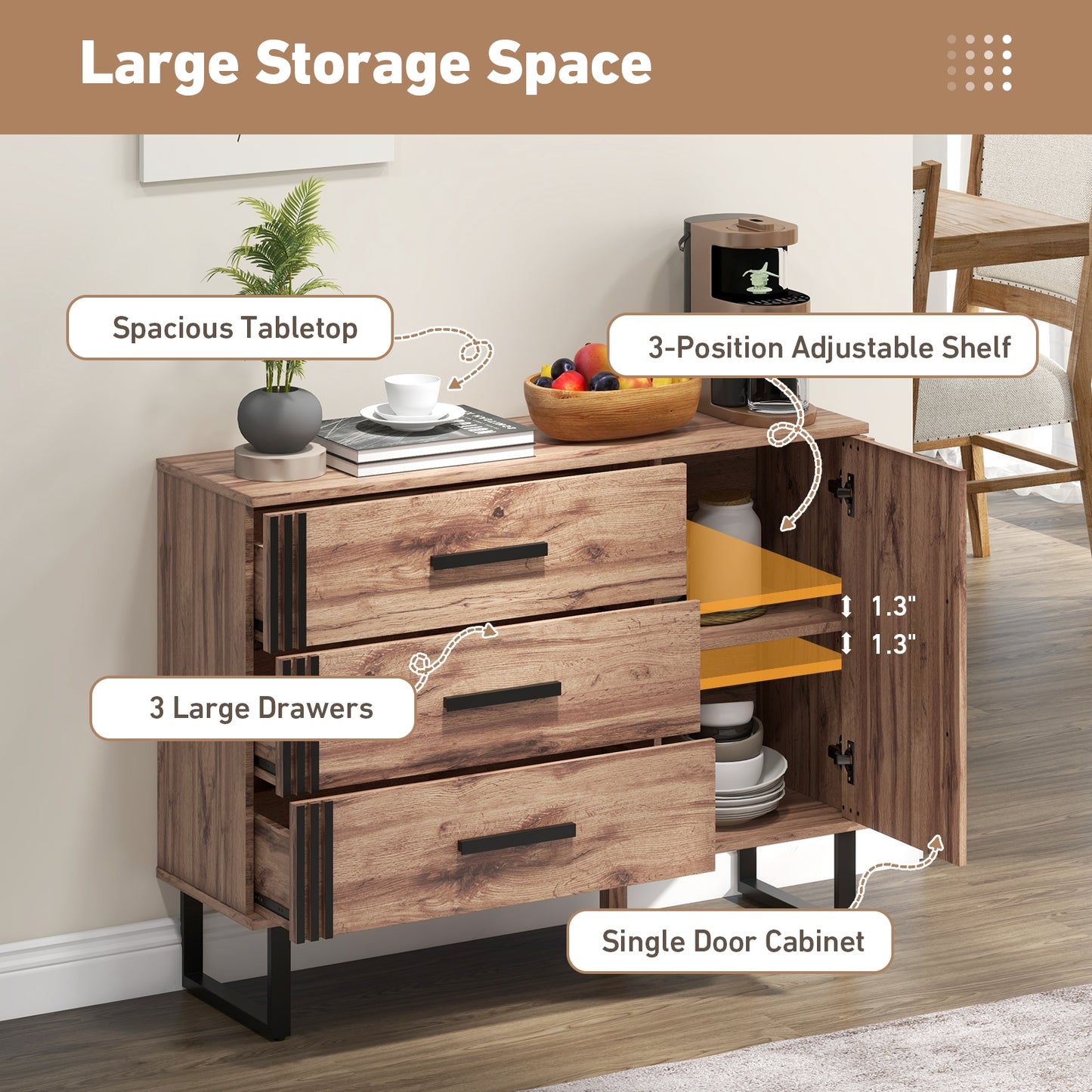 Modern Sideboard Buffet Cabinet with 3 Drawers and Adjustable Shelf for Dining Room or Living Room Storage