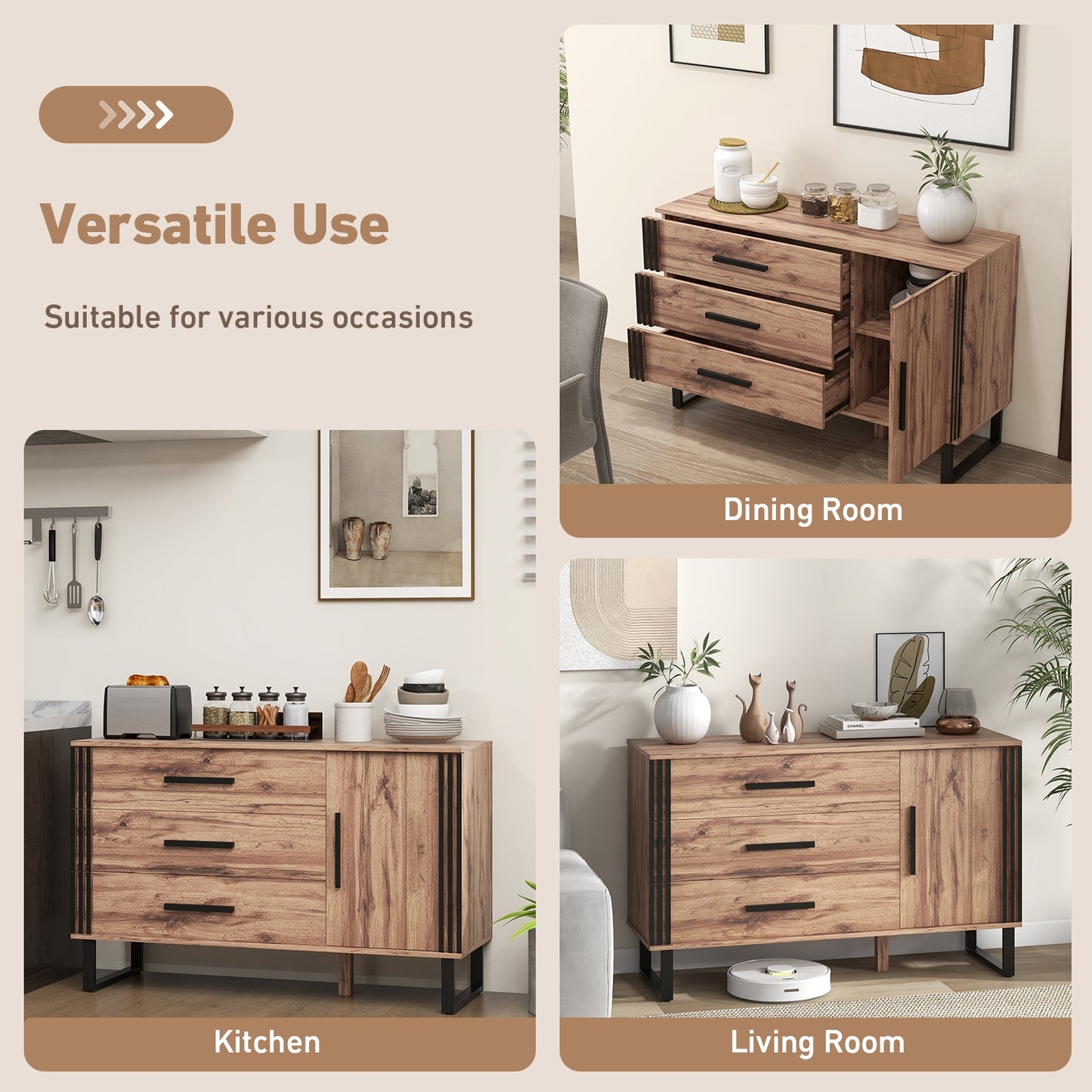 Modern Sideboard Buffet Cabinet with 3 Drawers and Adjustable Shelf for Dining Room or Living Room Storage
