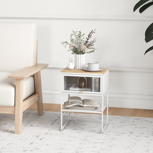 Nightstand with Flip Up Door and Storage Shelf in White