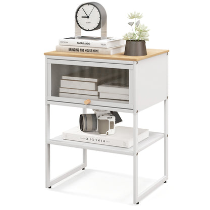 Nightstand with Flip Up Door and Storage Shelf in White