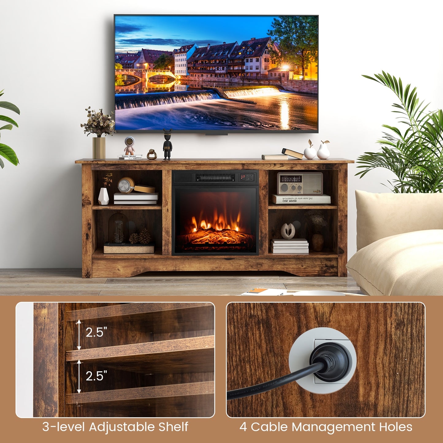 58 Inch Fireplace TV Console with Adjustable Shelves and Built-In Electric Heater for TVs Up to 65 Inches