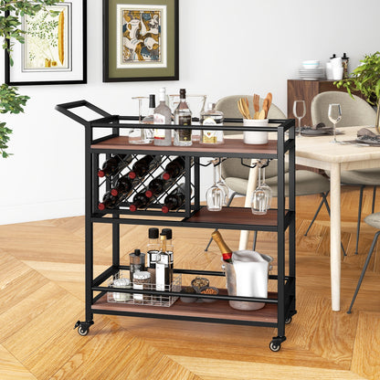 3 Tier Rolling Bar Cart with Wine Rack and Glass Holder for Kitchen and Home Serving - Brown