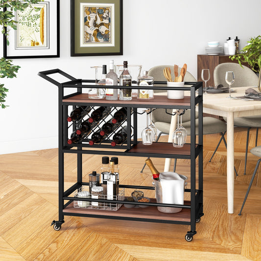 3 Tier Rolling Bar Cart with Wine Rack and Glass Holder for Kitchen and Home Serving - Brown