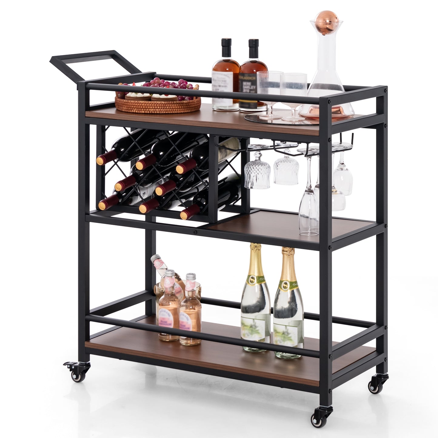 3 Tier Rolling Bar Cart with Wine Rack and Glass Holder for Kitchen and Home Serving - Brown