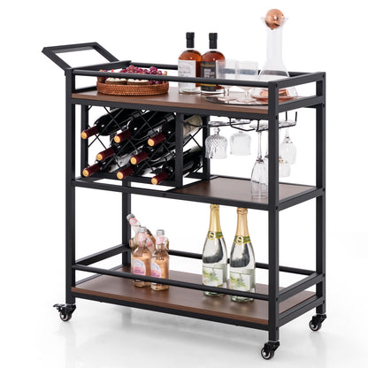 3 Tier Rolling Bar Cart with Wine Rack and Glass Holder for Kitchen and Home Serving - Brown