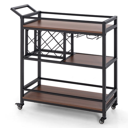 3 Tier Rolling Bar Cart with Wine Rack and Glass Holder for Kitchen and Home Serving - Brown