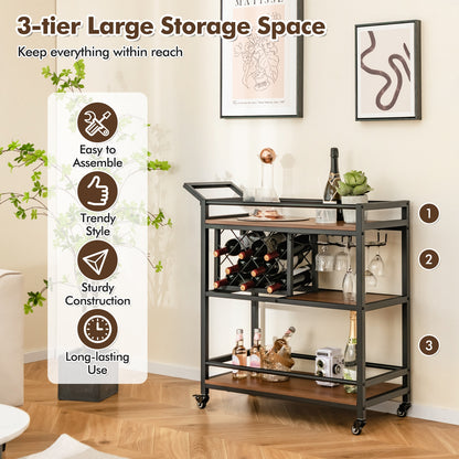 3 Tier Rolling Bar Cart with Wine Rack and Glass Holder for Kitchen and Home Serving - Brown