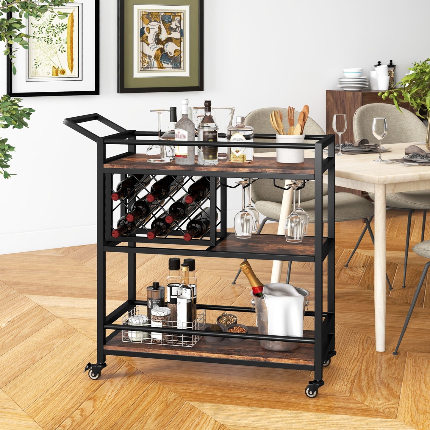 3 Tier Rolling Bar Cart with Wine Rack and Glass Holder for Kitchen and Home Serving - Rustic Brown