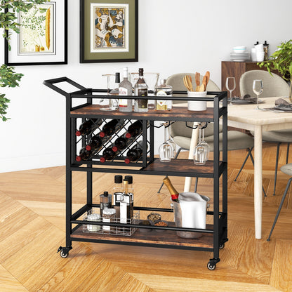 3 Tier Rolling Bar Cart with Wine Rack and Glass Holder for Kitchen and Home Serving - Rustic Brown